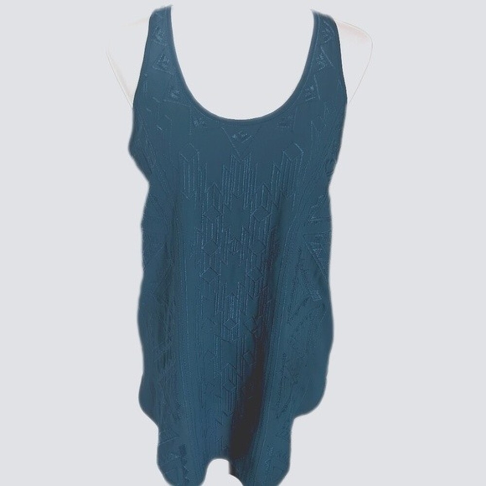 Mossimo blue/green silky tank - embroidered tribal design - monochrome S
